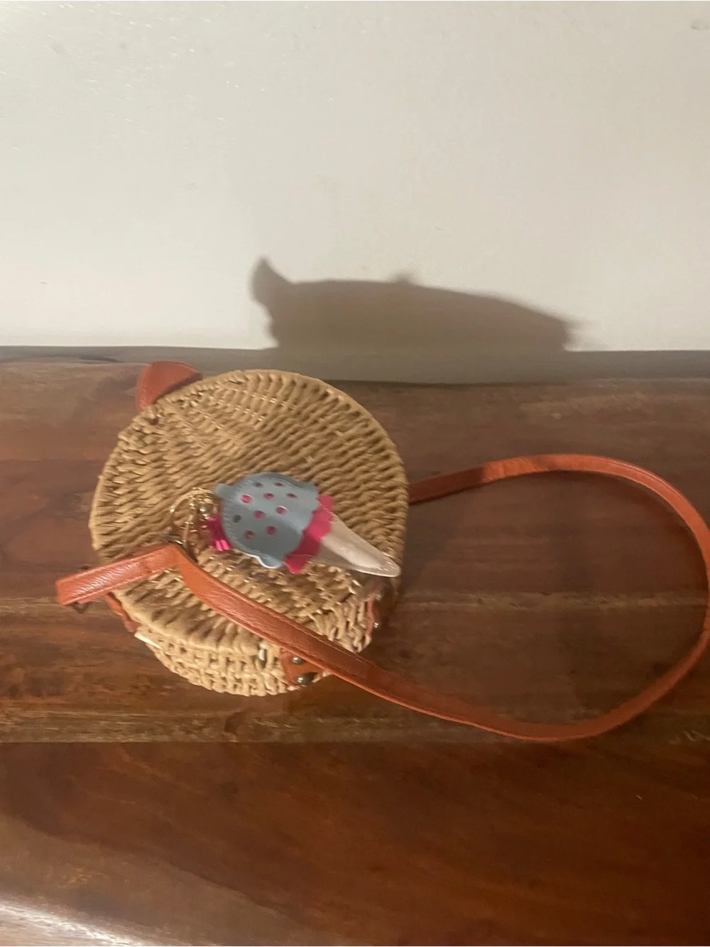 Round Woven Straw Crossbody Bag | Boho Summer Rattan Purse + Ice Cream Charm